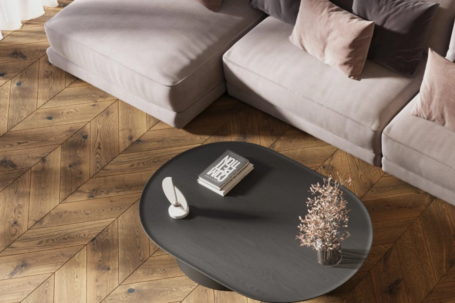 Nowoczesny, stylowy salon, w którym dominują naturalne materiały